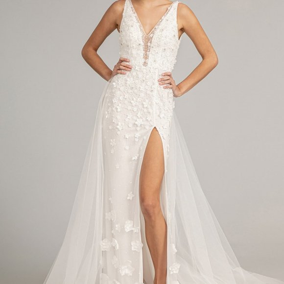 Rhinestone Embellished Mesh Mermaid Dress w/ 3-D Flower and Detached Layer G3011